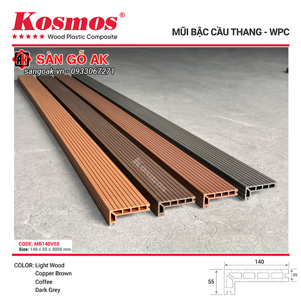 Mũi bậc cầu thang gỗ nhựa Kosmos MB140V55 Copper Brown